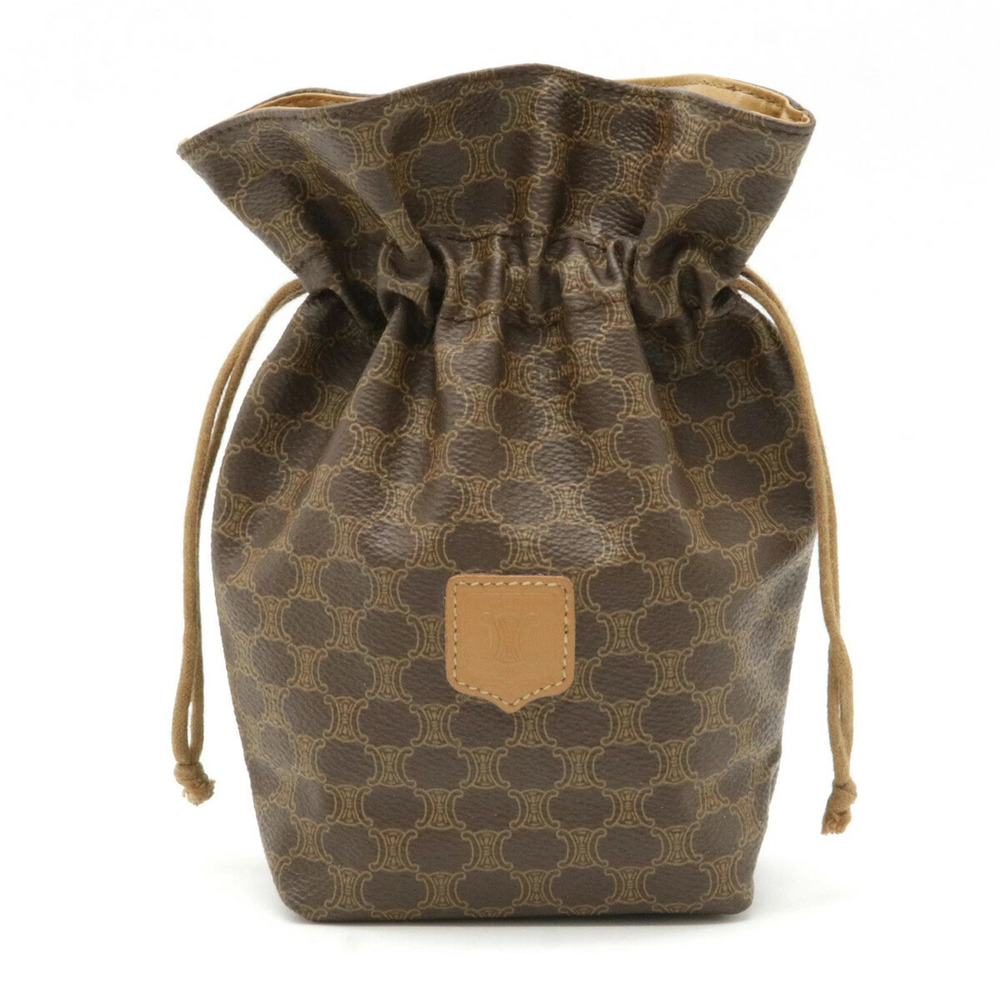 Celine Macadam Pouch Clutch Drawstring Case Leather Brown